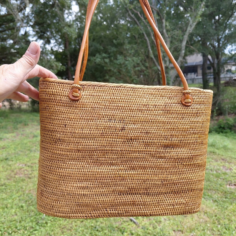 LISI LERCH Charlotte Bali Tote Basic  Leather Handles Ata Grass Straw Handbag - Picture 6 of 13